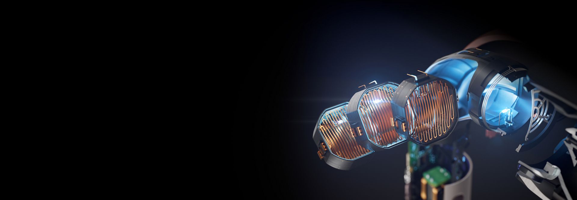 منظر جانبي مقطوع لمجفف الشعر Dyson Supersonic r مع رقائق التسخين الموجودة بالداخل.