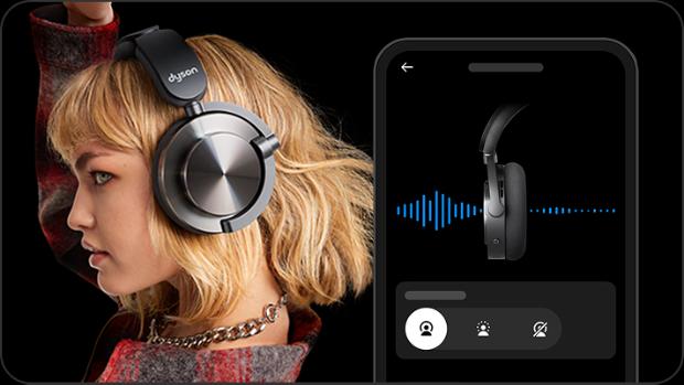 Dyson OnTrac kablosuz kulaklık takan bir modelin yanında görüntülenen MyDyson uygulamasındaki gürültü engelleme modu seçme ekranı.