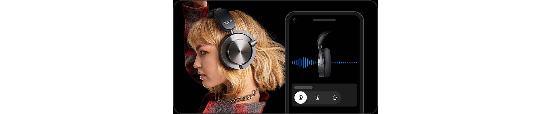 Dyson OnTrac kablosuz kulaklık takan bir modelin yanında görüntülenen MyDyson uygulamasındaki gürültü engelleme modu seçme ekranı.