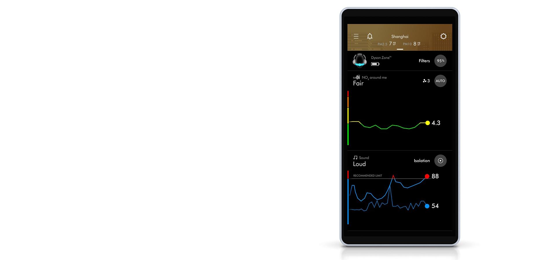 Ekran smartfona pokazujący otwartą apliakcję MyDyson z parametrami słuchawek Dyson Zone
