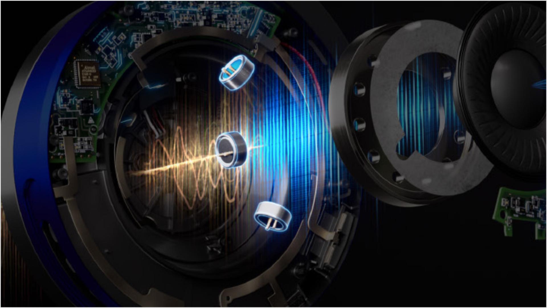 Exploded view shows the noise-cancelling microphones.