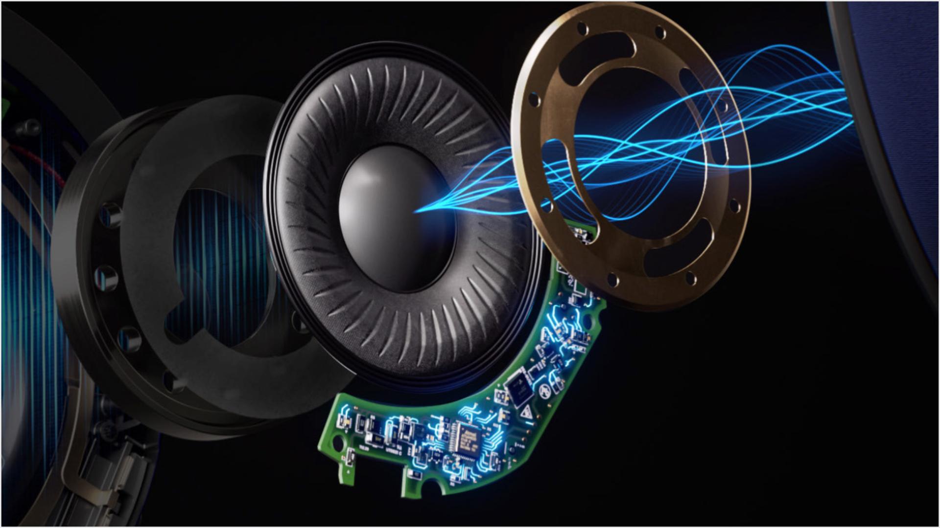 Exploded view shows a representation of different frequency ranges inside the headphones.