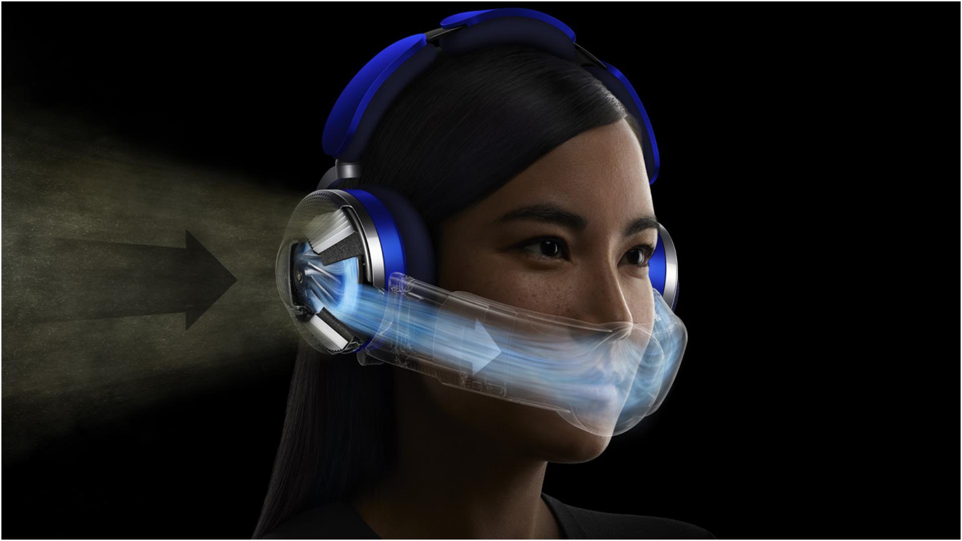 Man wearing Dyson Zone headphones with air purification as pollution is drawn into filters.