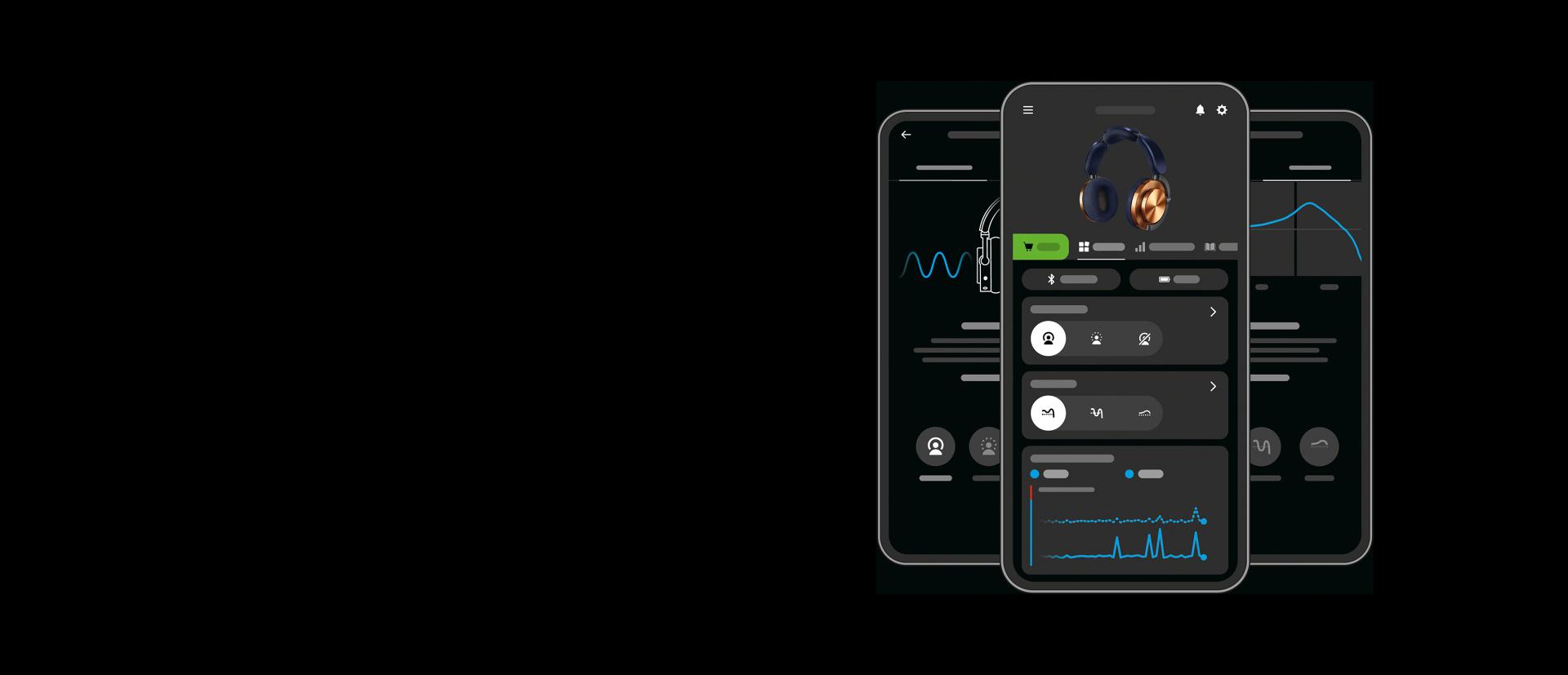 Phone screens showing the EQ settings, ANC settings and Noise pollution pages on the MyDyson app.