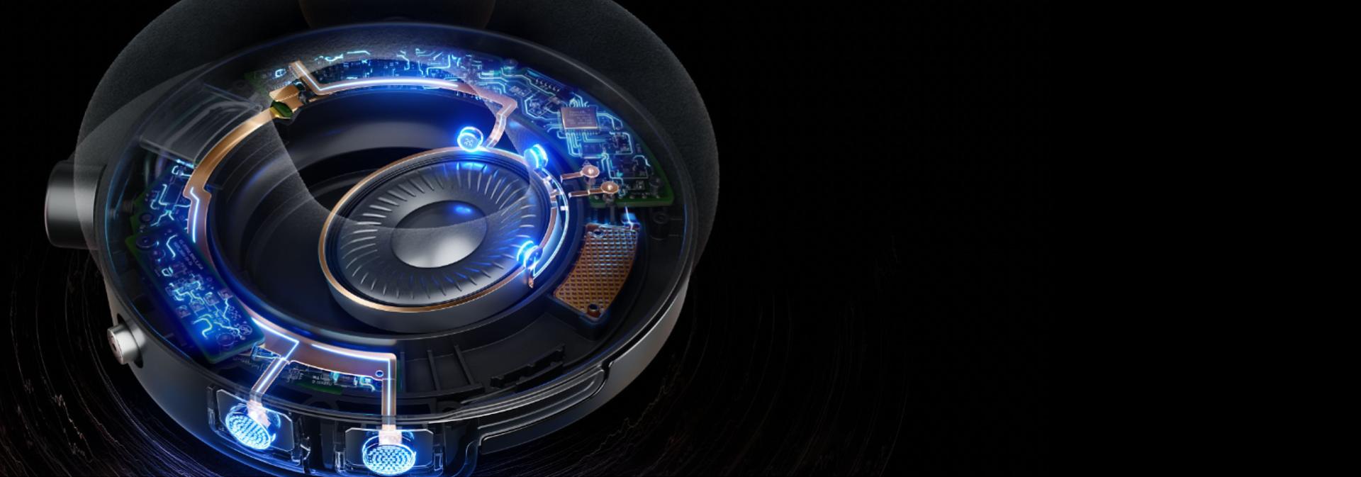 لقطة مقطعية لسماعات Dyson OnTrac اللاسلكية تُظهر تقنية إلغاء الضوضاء النشطة.