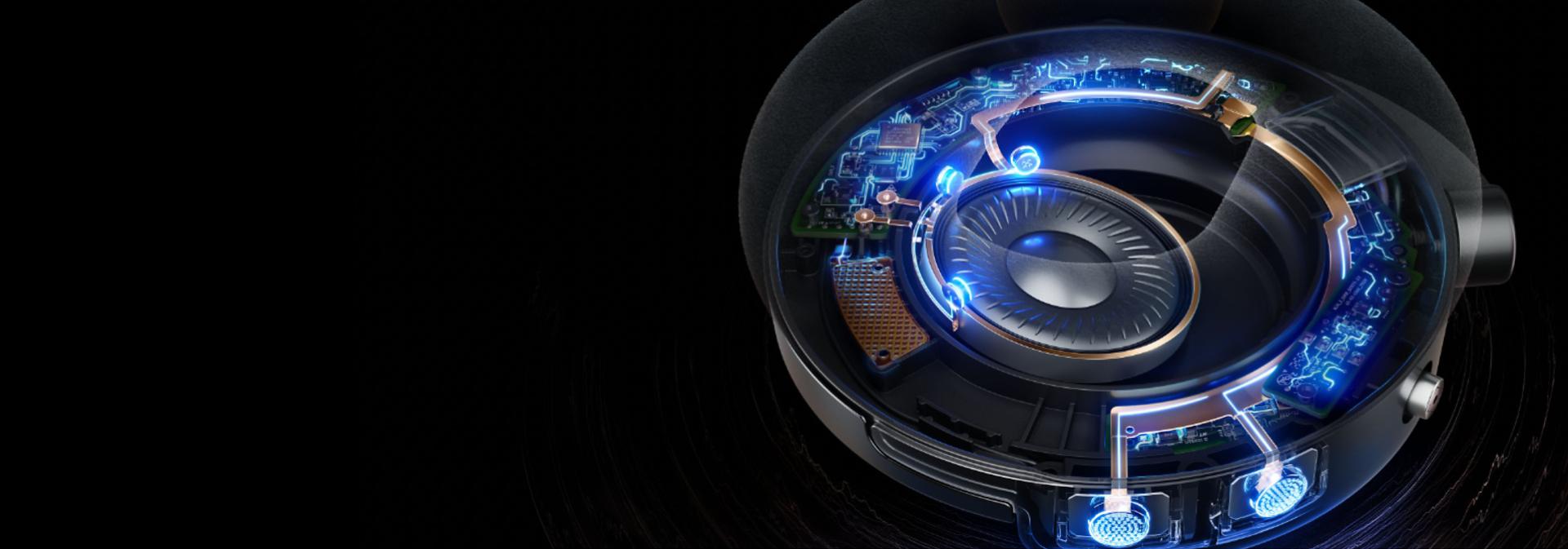 Dyson OnTrac wireless headphones cutaway showing the Active Noise Cancelling technology.