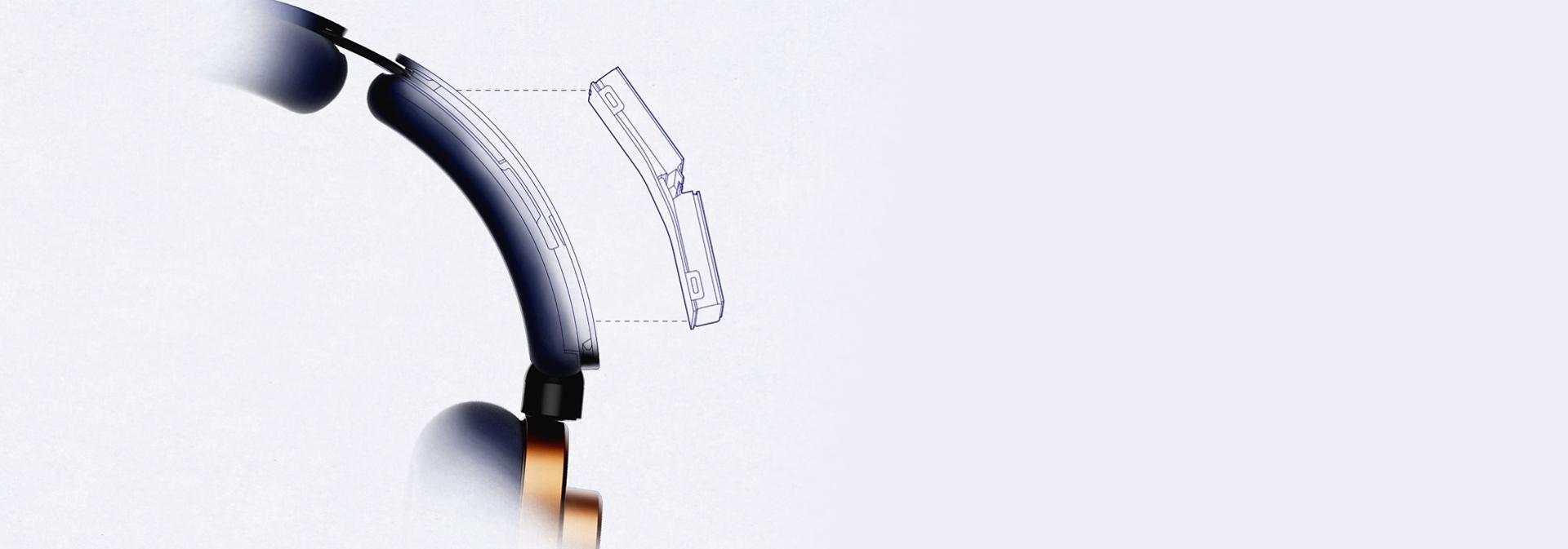 رسم مهندس لسماعات Dyson OnTrac مع تداخل يُظهر حجرة البطارية داخل عصابة الرأس.