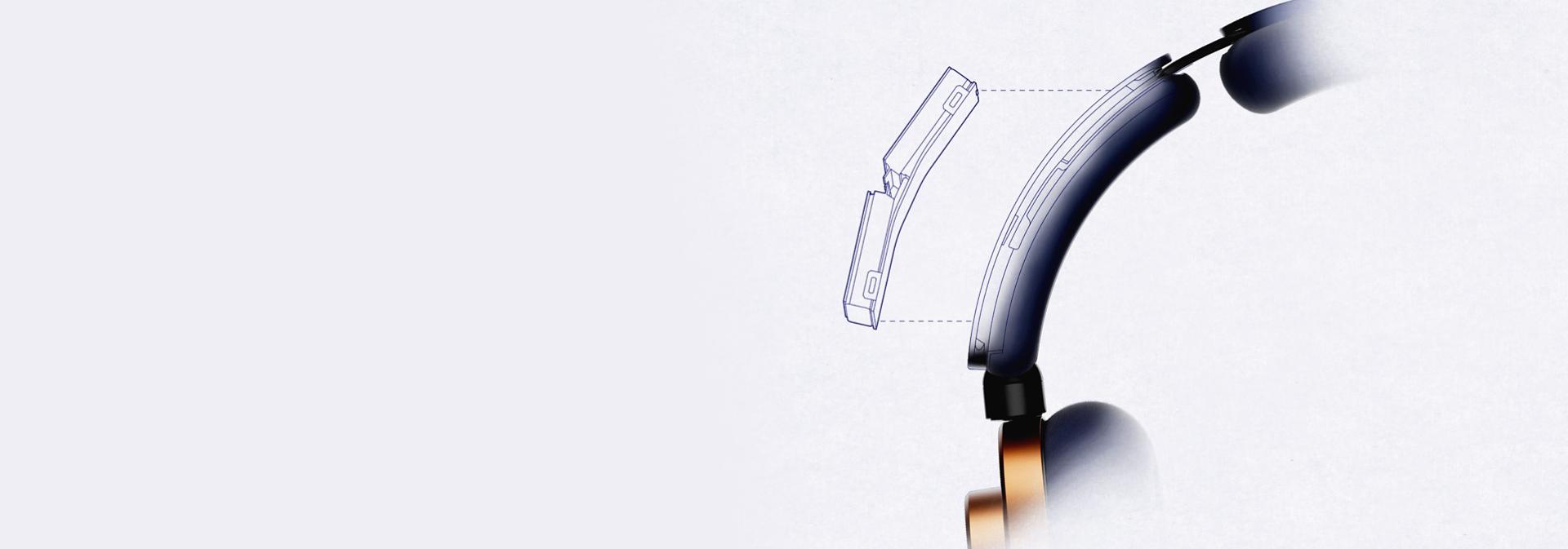 Dyson OnTrac headphones engineer sketch overlay showing the battery compartment in the headband.