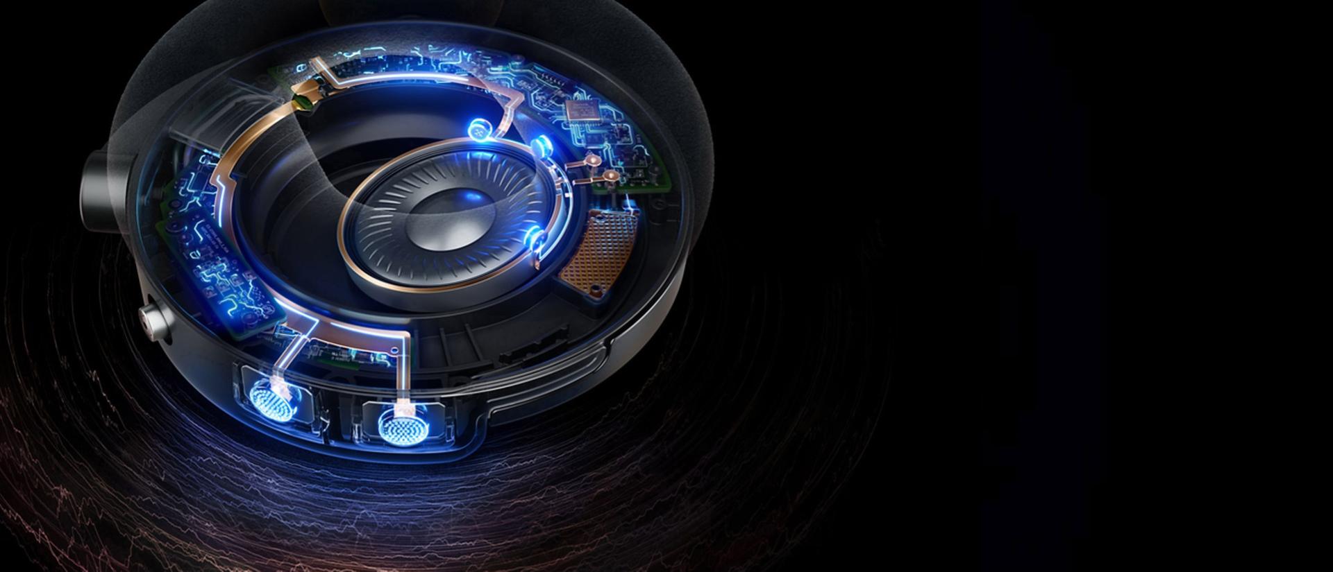 لقطة مقتطعة توضيحية لسماعات الرأس Dyson OnTrac الخاصة بنا، تعرض كذلك ميكروفونات إلغاء الضجيج.