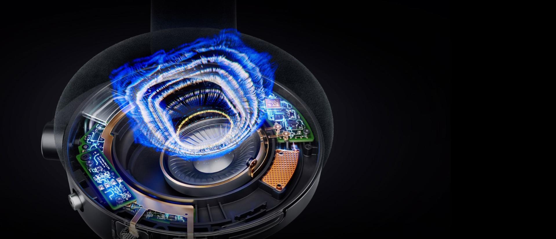 لقطة مقتطعة توضيحية لسماعات الرأس Dyson OnTrac الخاصة بنا - بما في ذلك تصويراً للموجات الصوتية - التي تمثّل نطاق الصوت المُعزَّز لدينا.