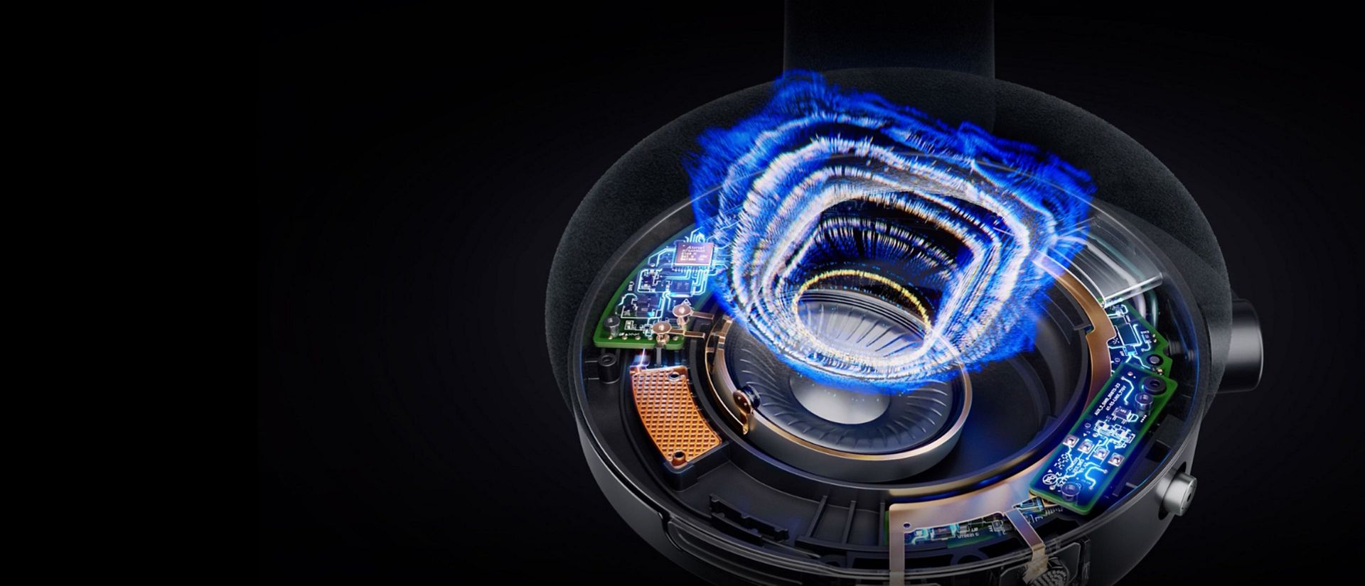 A cutaway of our Dyson OnTrac headphones, including visualisation of soundwaves, representing our enhanced sound range.
