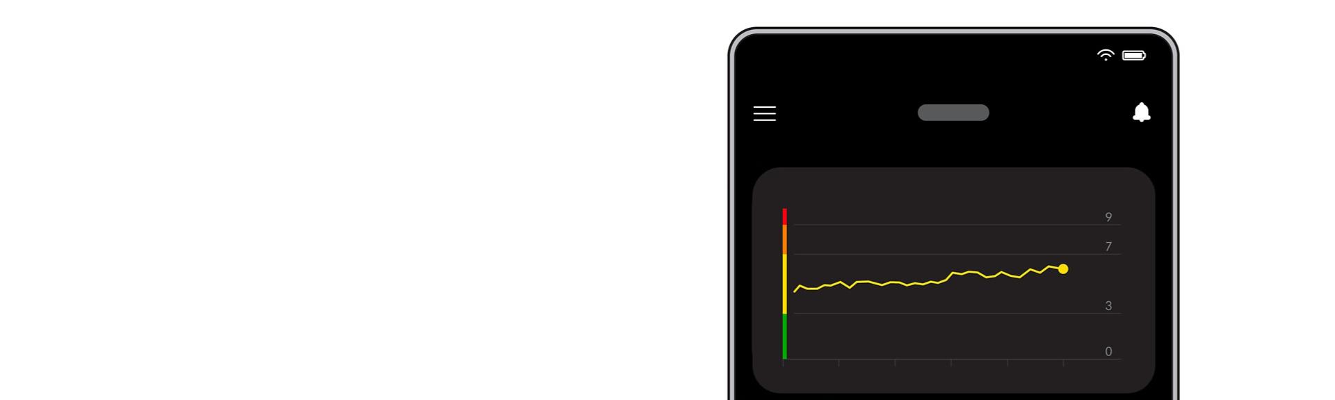 A phone screen showing the real-time air pollution graph for the Dyson OnTrac headphones on the MyDyson app.