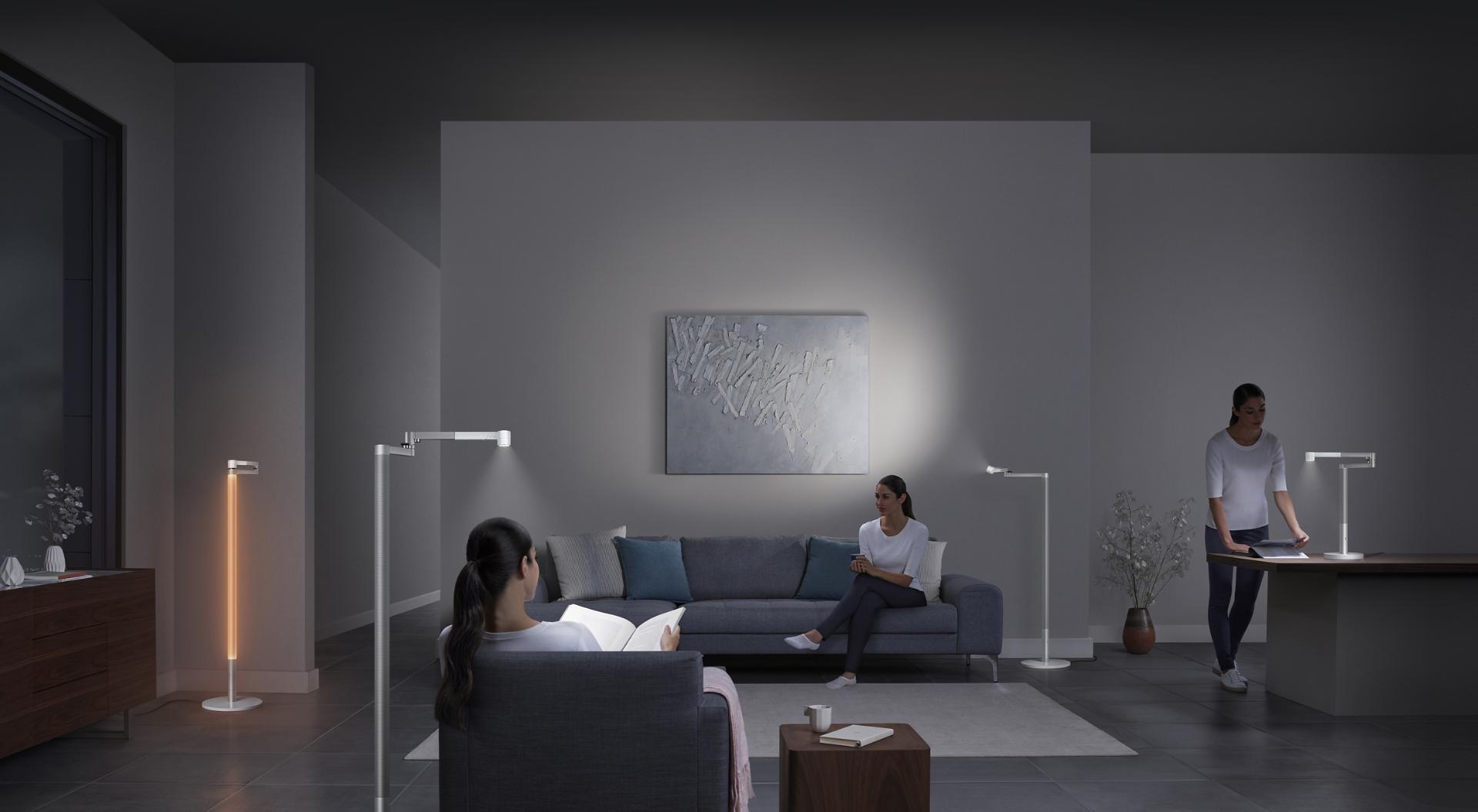 Multiple Dyson Solarcycle Morph lights being used in different ways in a room