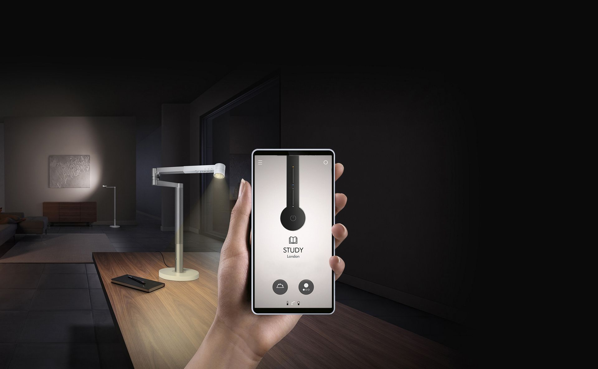 El propietario utiliza la aplicación MyDyson para programar su luz Dyson Solarcycle Morph.
