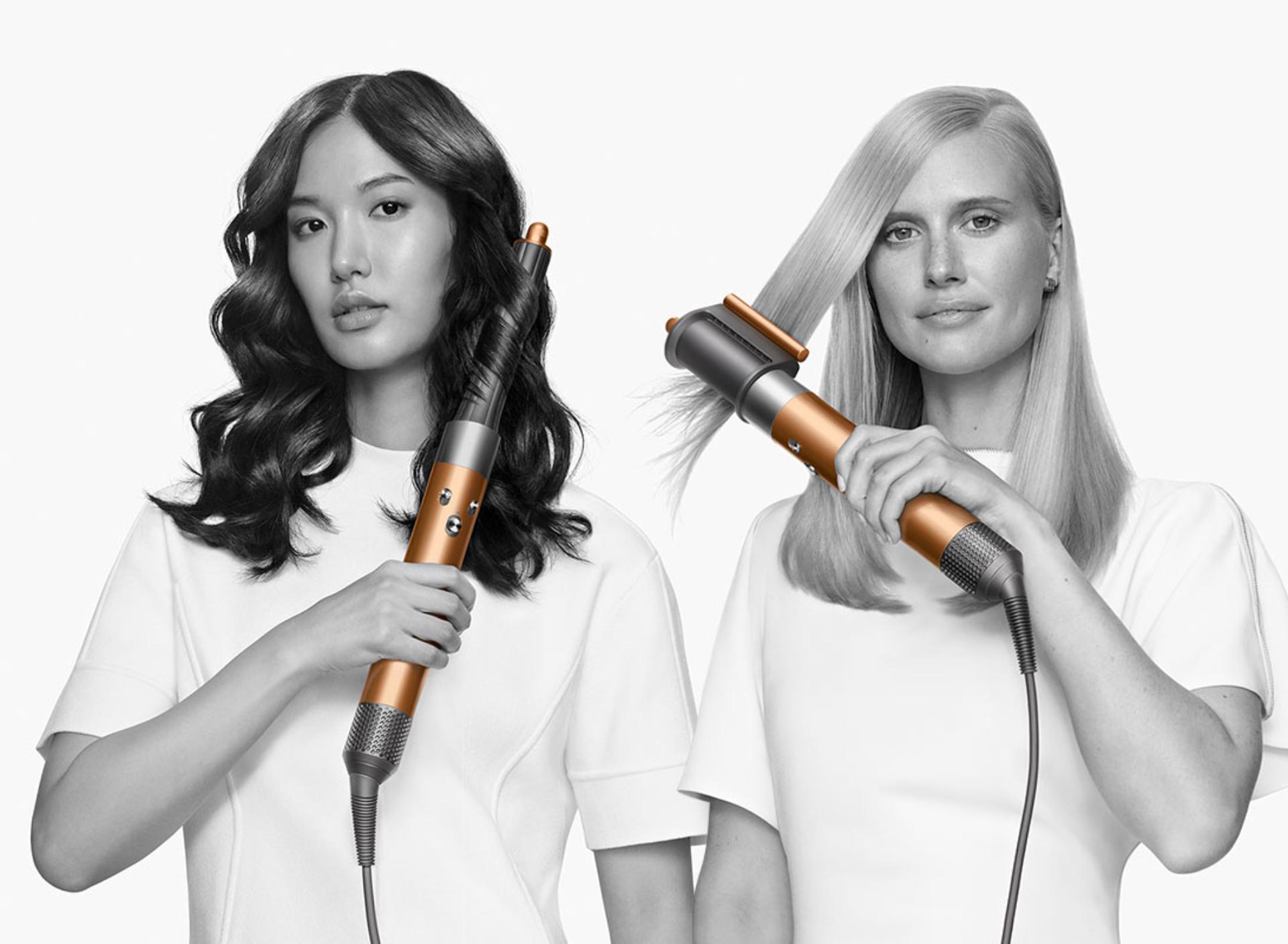Models using Dyson Airwrap with barrel and Coanda dryer attachments