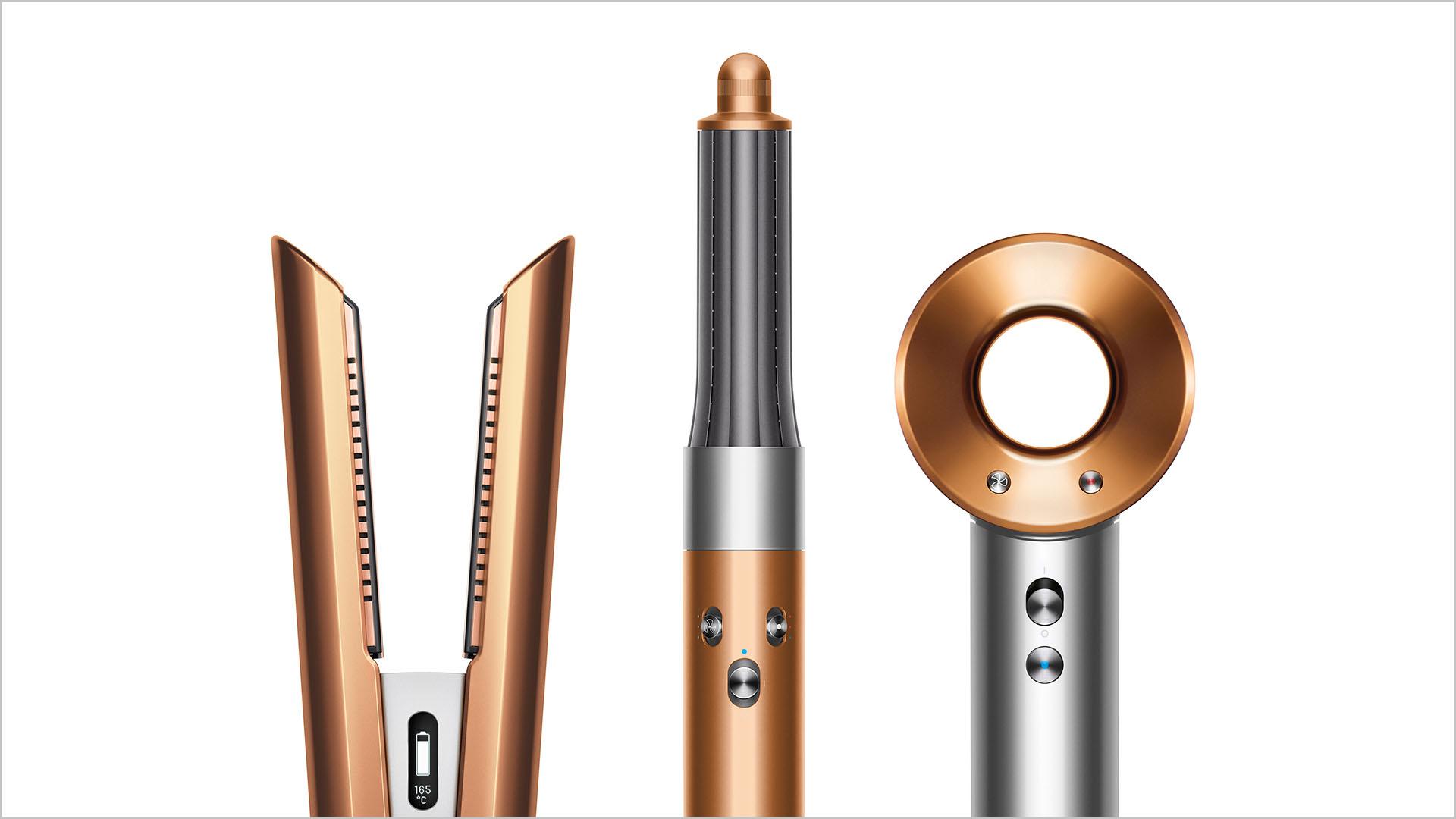 Image of the Dyson hair care range in copper