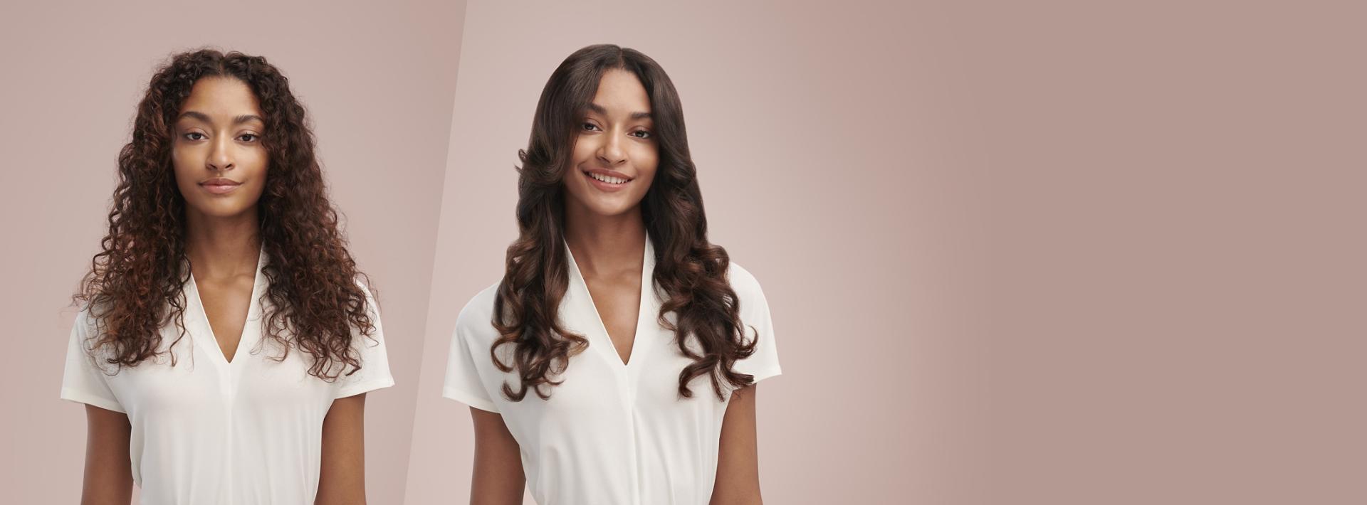 Model with type 3 hair demonstrating her hair before and after being styled with the Dyson Airwrap multi-styler.