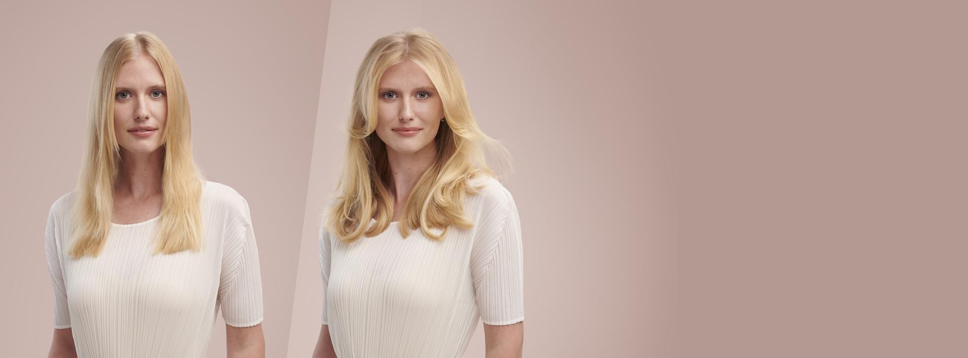 Model with type 1 hair demonstrating her hair before and after being styled with the Dyson Airwrap multi-styler.