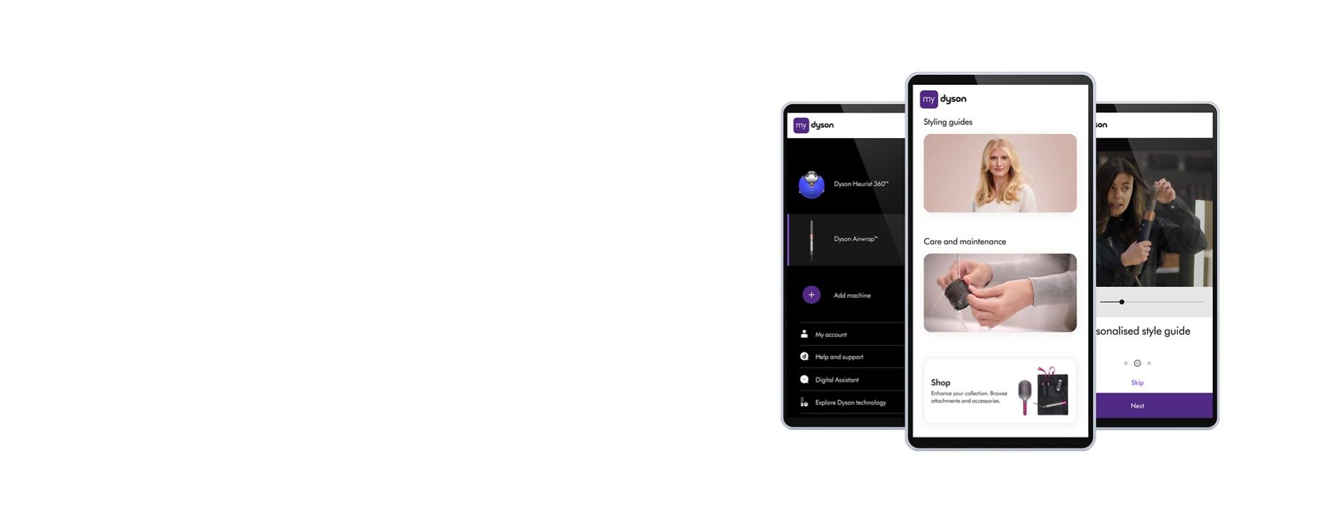 Features within the MyDyson app shown on three different mobile phone screens.
