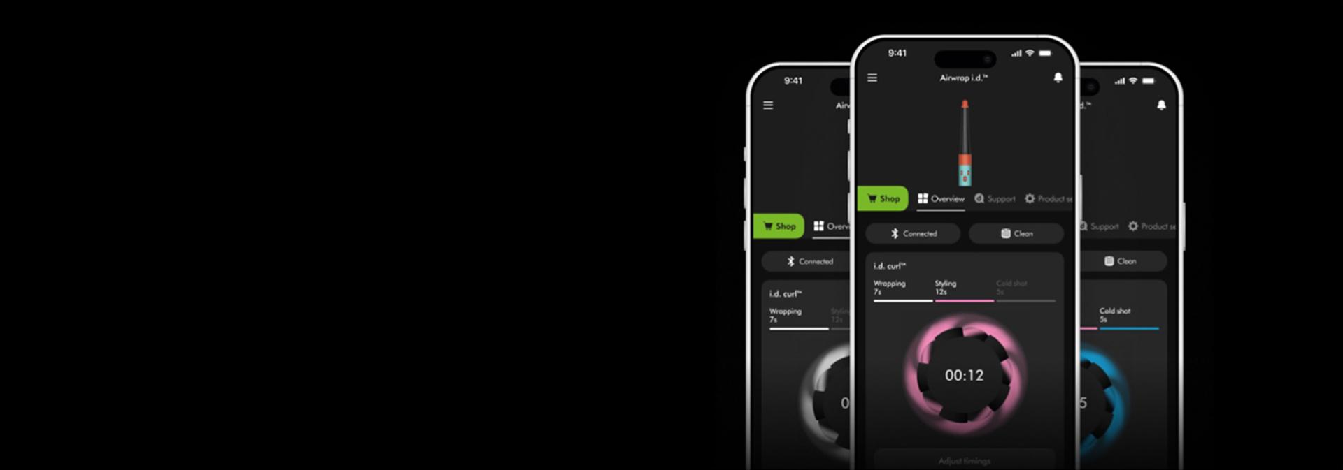 Three mobile phone screens show the i.d. Curl program in action to wrap, style and set a curl.