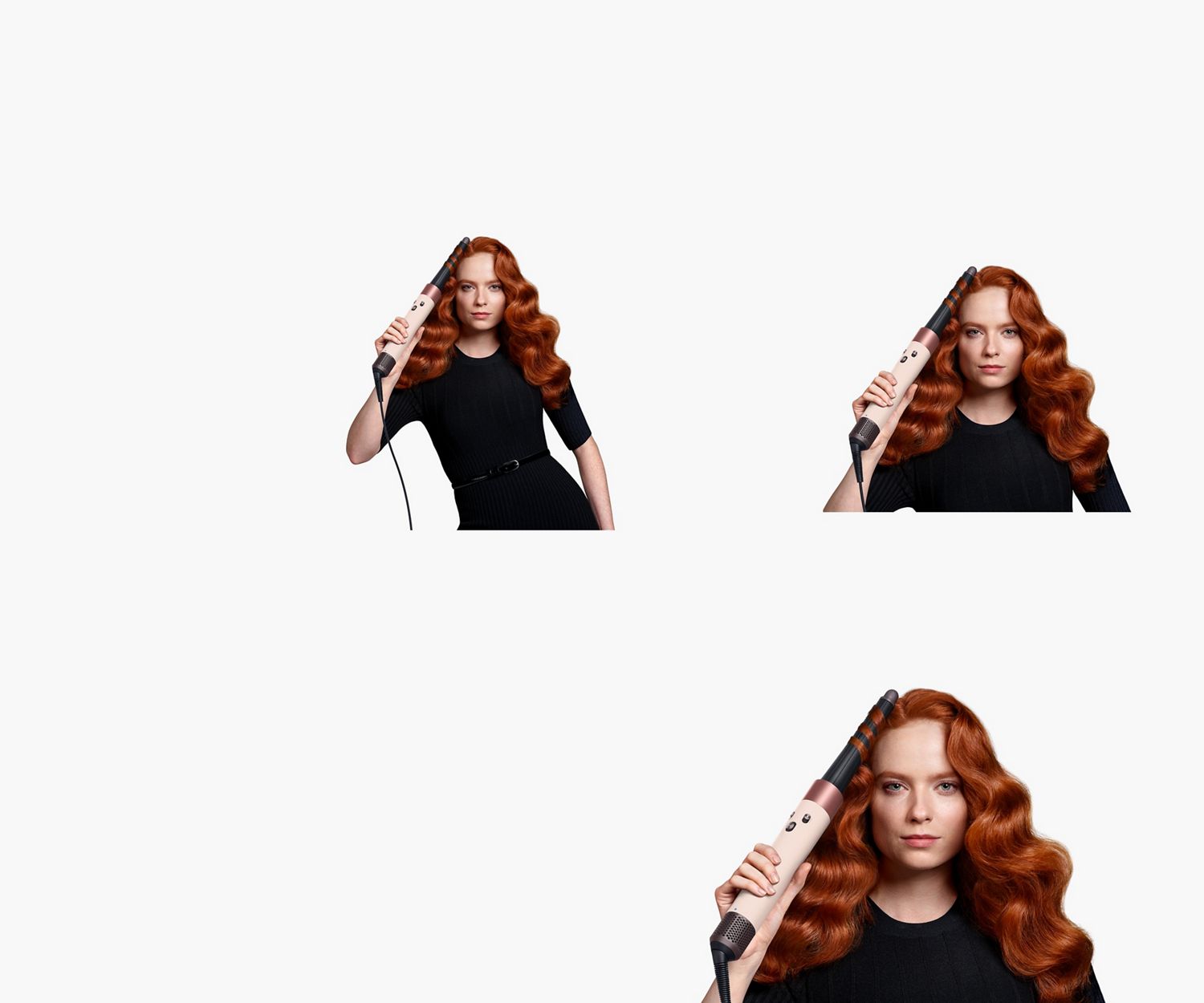 A model with long, dark hair uses the Fast dryer attachment to rough dry her hair. A model with chin-length brown hair uses the Conical Airwrap barrel to add waves to her hair.