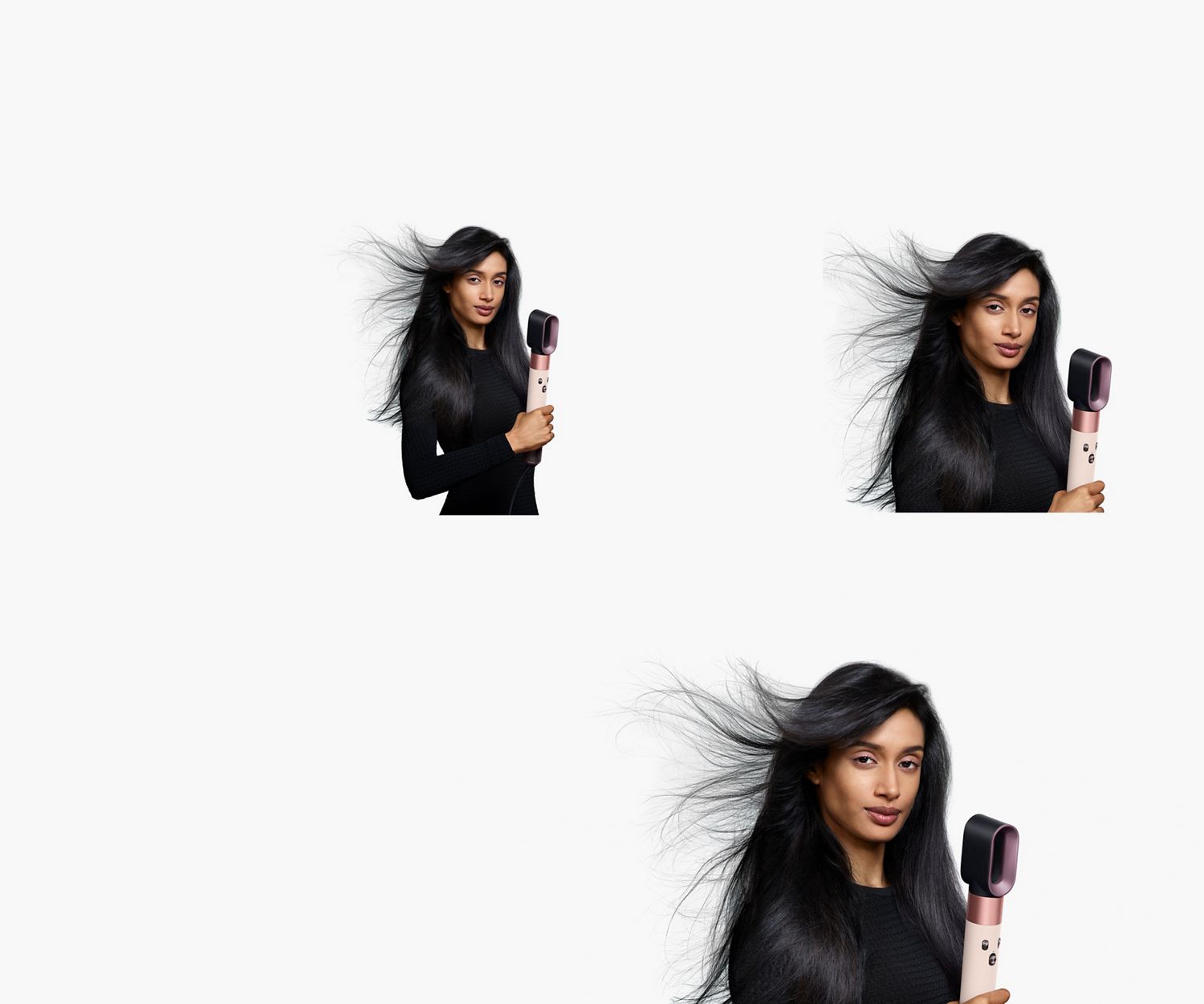 A model with long, dark hair uses the Fast dryer attachment to rough dry her hair. Model using the Dyson Airwrap i.d. to style hair.