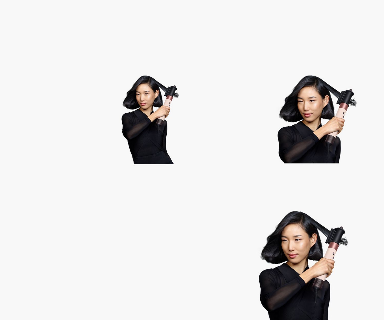 A model with medium length black hair uses the Dryer+Flyaway smoother attachment to smooth her hair style. Model using the Dyson Airwrap i.d. to style hair.