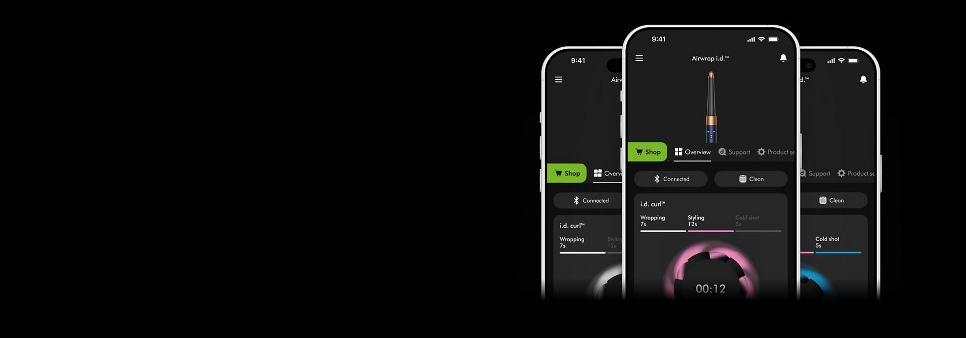 A trio of phone screens showing the i.d. curl feature on the MyDyson app.