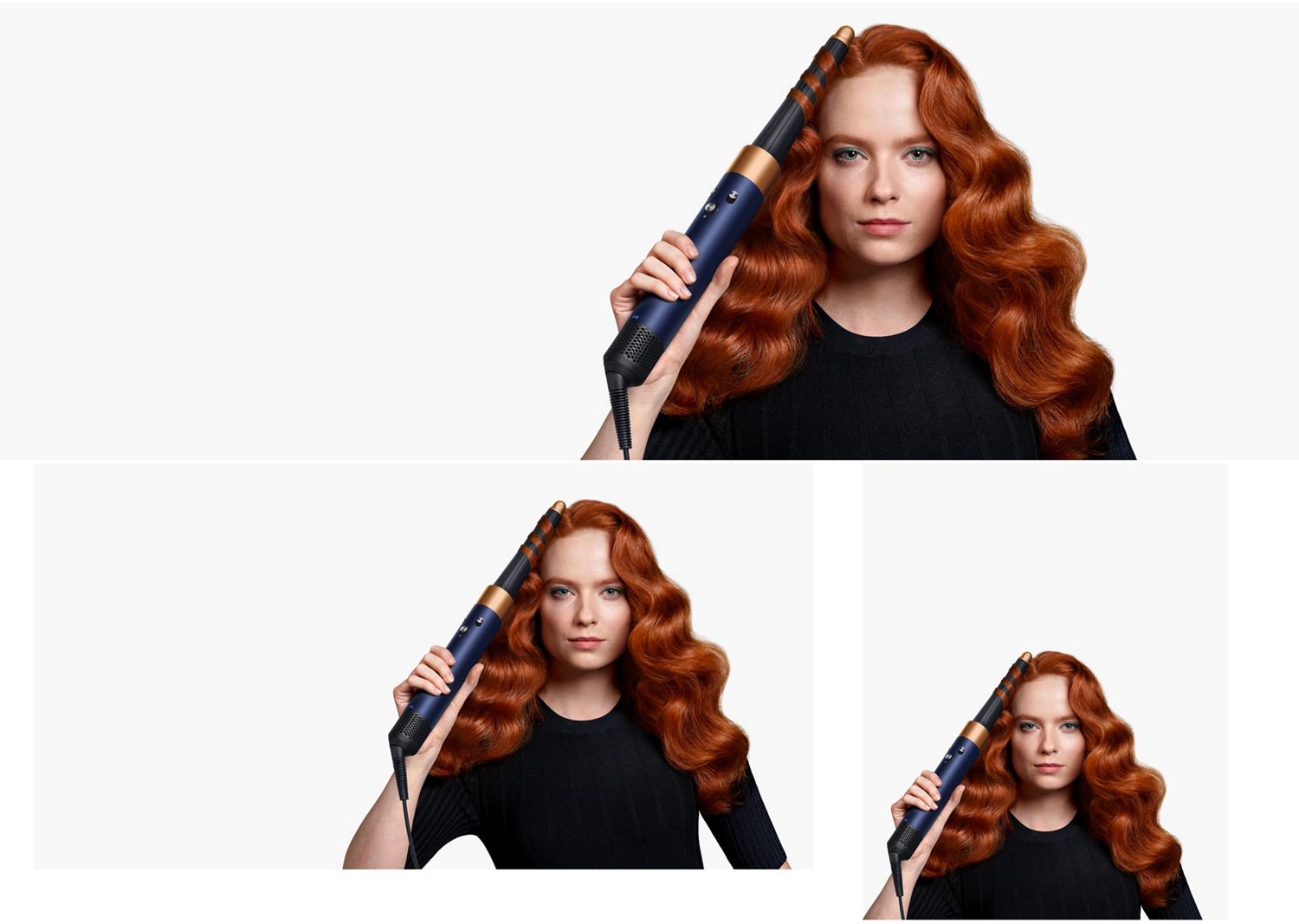 A redhead model with long hair uses the Conical Airwrap barrel to add waves to her hair. A redhead model with long hair uses the Conical Airwrap barrel to add waves to her hair.