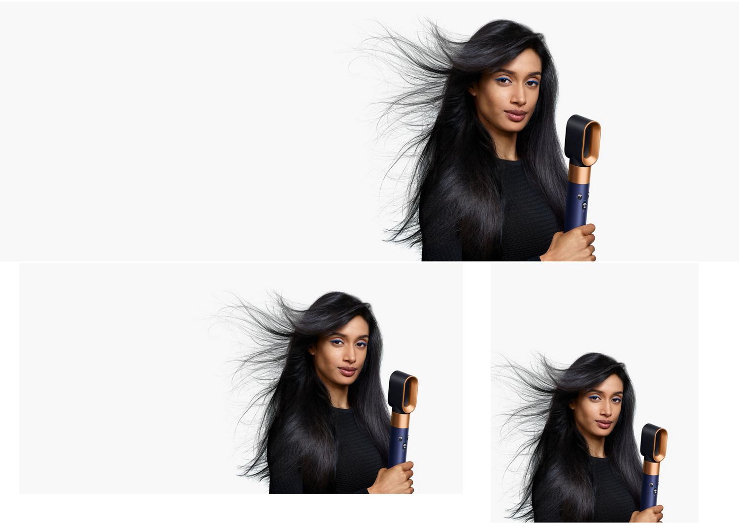 A model with long, dark hair uses the Fast dryer attachment to rough dry her hair. A model with long, dark hair uses the Fast dryer attachment to rough dry her hair.
