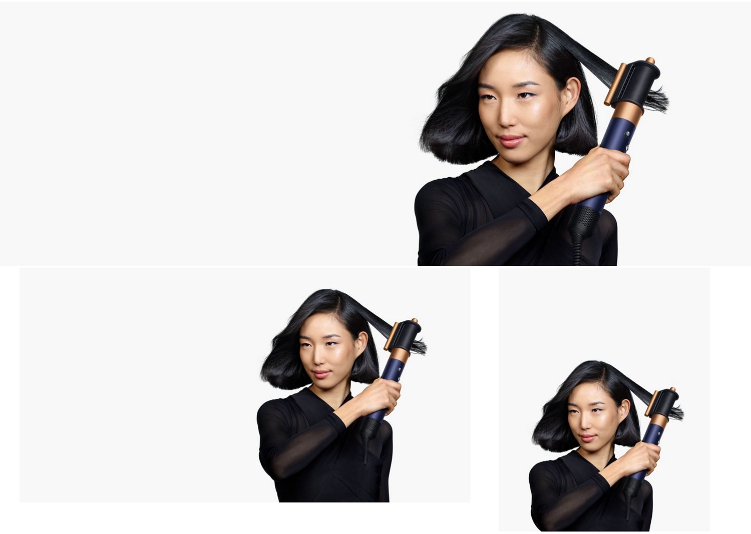 A model with medium length black hair uses the Dryer+Flyaway smoother attachment to smooth her hair style. A model with medium length black hair uses the Dryer+Flyaway smoother attachment to smooth her hair style.