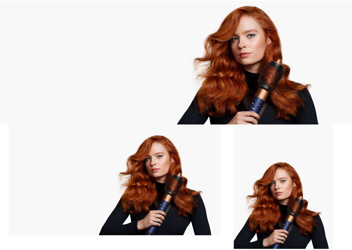 A redhead model with wavy hair uses the Large round volumising brush attachment to add volume and body to her hair. A redhead model with wavy hair uses the Large round volumising brush attachment to add volume and body to her hair.
