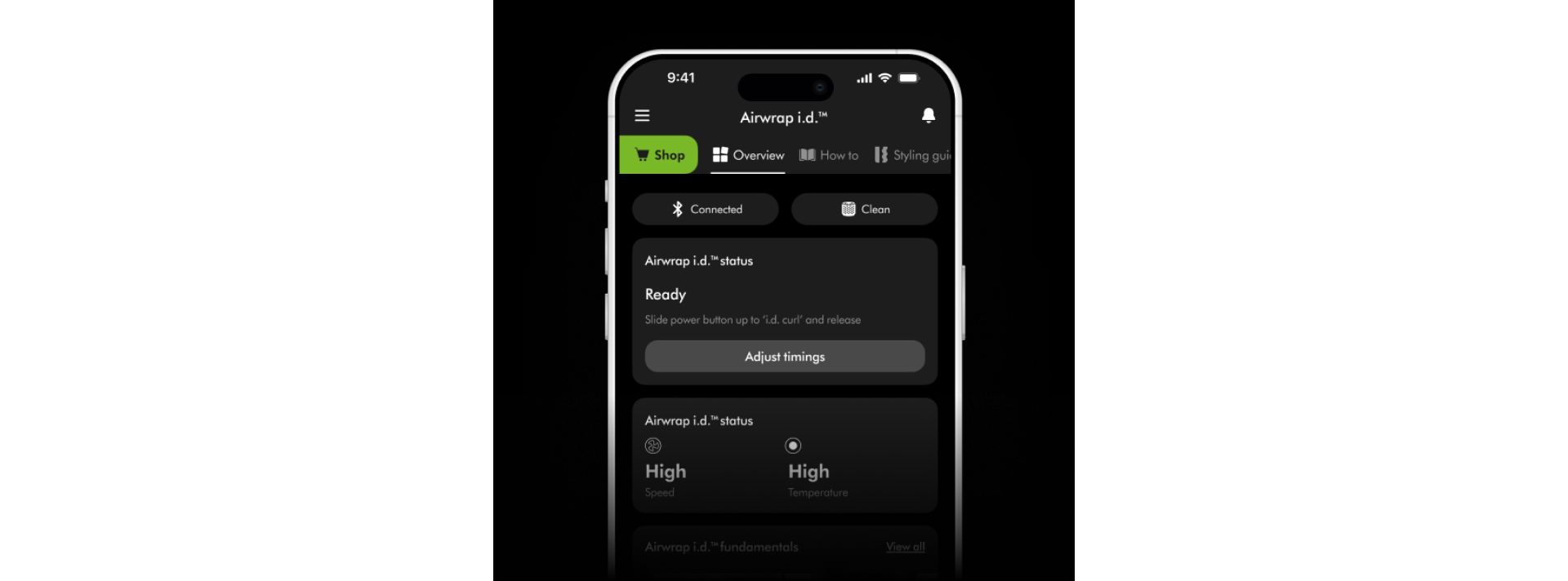 Mobile phone screen showing how current settings are displayed while using the Airwrap i.d. multi-styler and dryer.