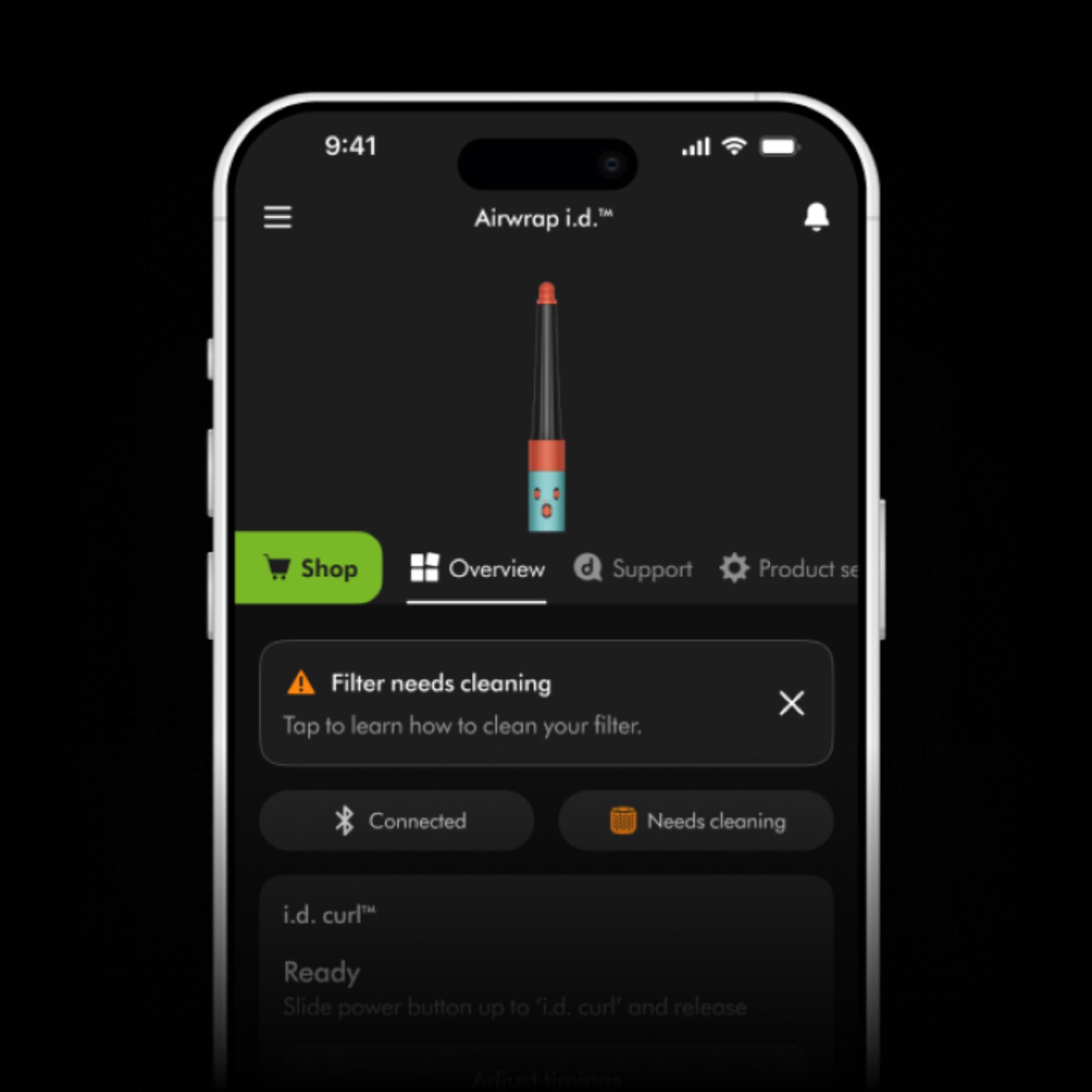 A phone screen with the MyDyson app alerting the user that their filter needs cleaning.