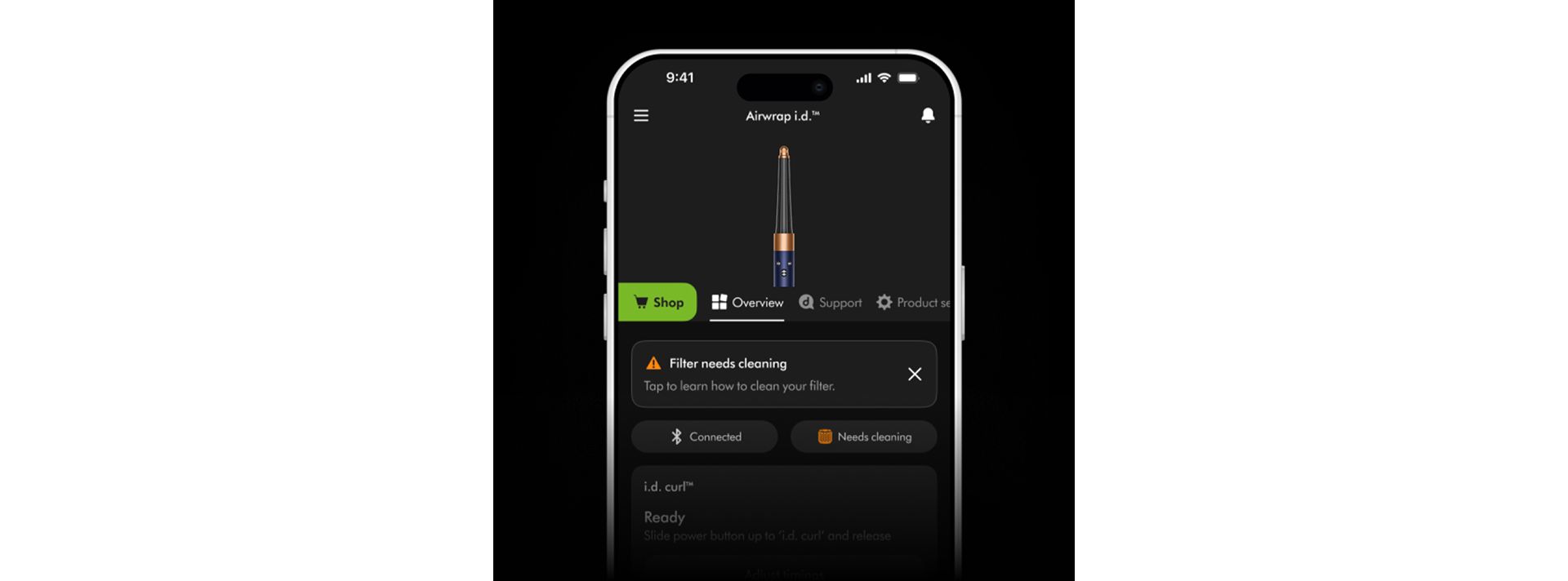 A phone screen with the MyDyson app alerting the user that their filter needs cleaning.