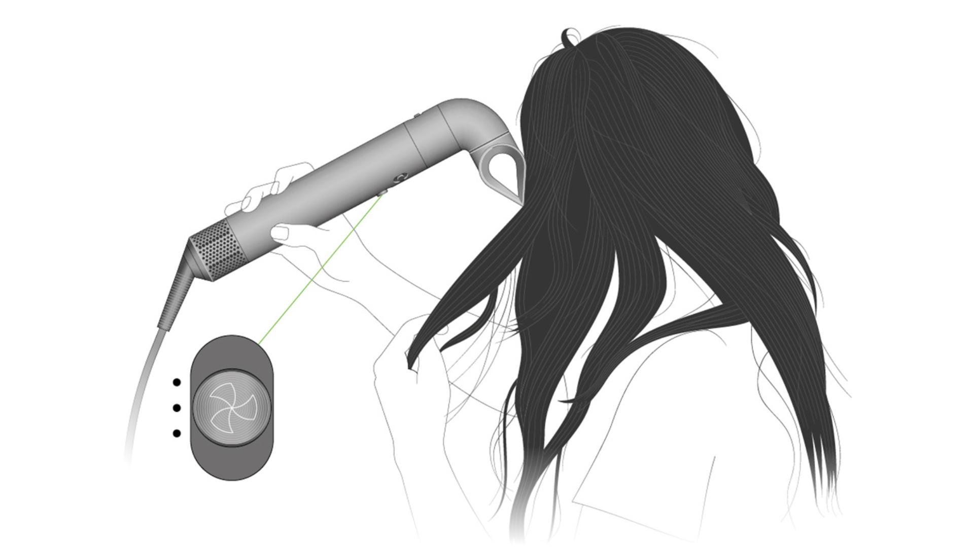다이슨 에어랩 멀티 스타일러 앤 드라이어에 블레이드 콘센트레이터를 장착해 헤어 스타일링하는 모델. 제품의 작동 버튼이 강조 표시되어 있습니다.