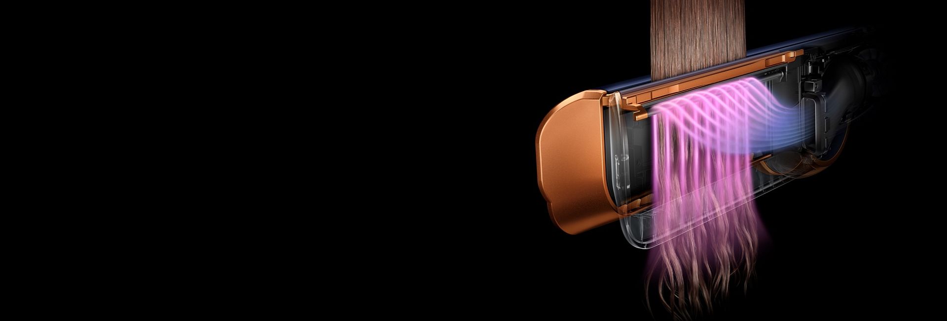 Cutaway graphic showing how air is shaped by the Dyson Airstrait to straighten hair without extreme heat.