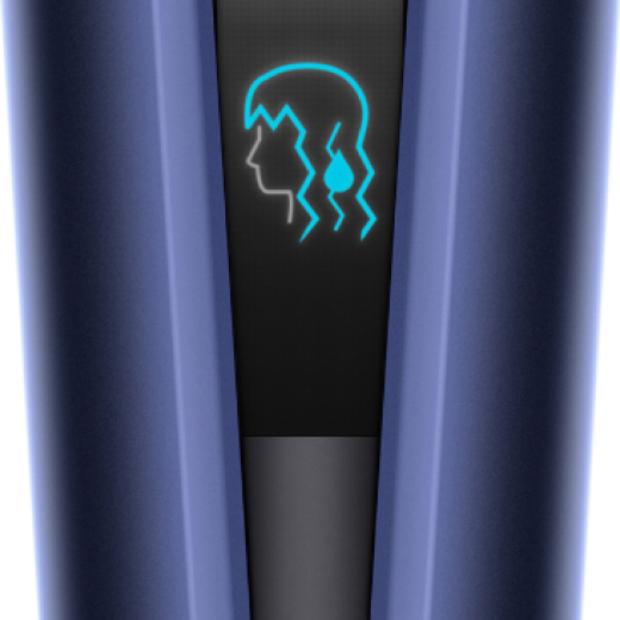 Dyson Airstrait'in ıslak mod simgesini gösteren LCD ekranının yakından görünümü.