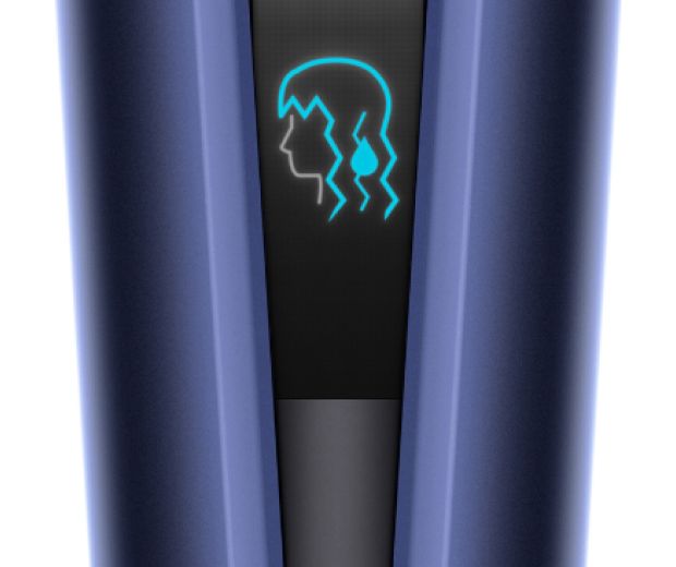 Dyson Airstrait'in ıslak mod simgesini gösteren LCD ekranının yakından görünümü.