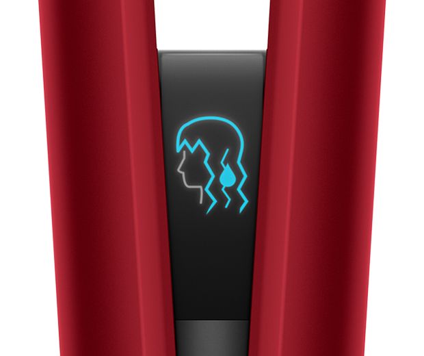 תקריב של מסך ה-LCD של Dyson Airstrait המציג את סמל 'מצב רטוב'.