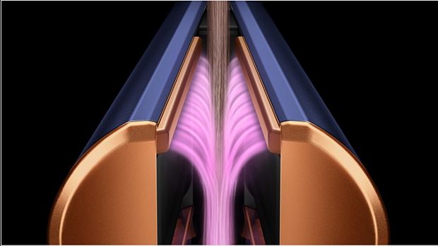 The Dyson Airstrait straighteners with arms locked. Pink Graphic overlays show the direction of airflow.