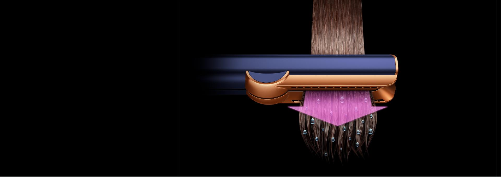 A Dyson Airstrait straightener passes over a tress of hair, with water droplets indicating drying.