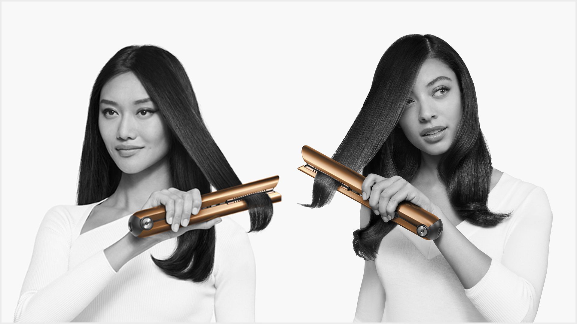 Two models using the Dyson Corrale straightener.