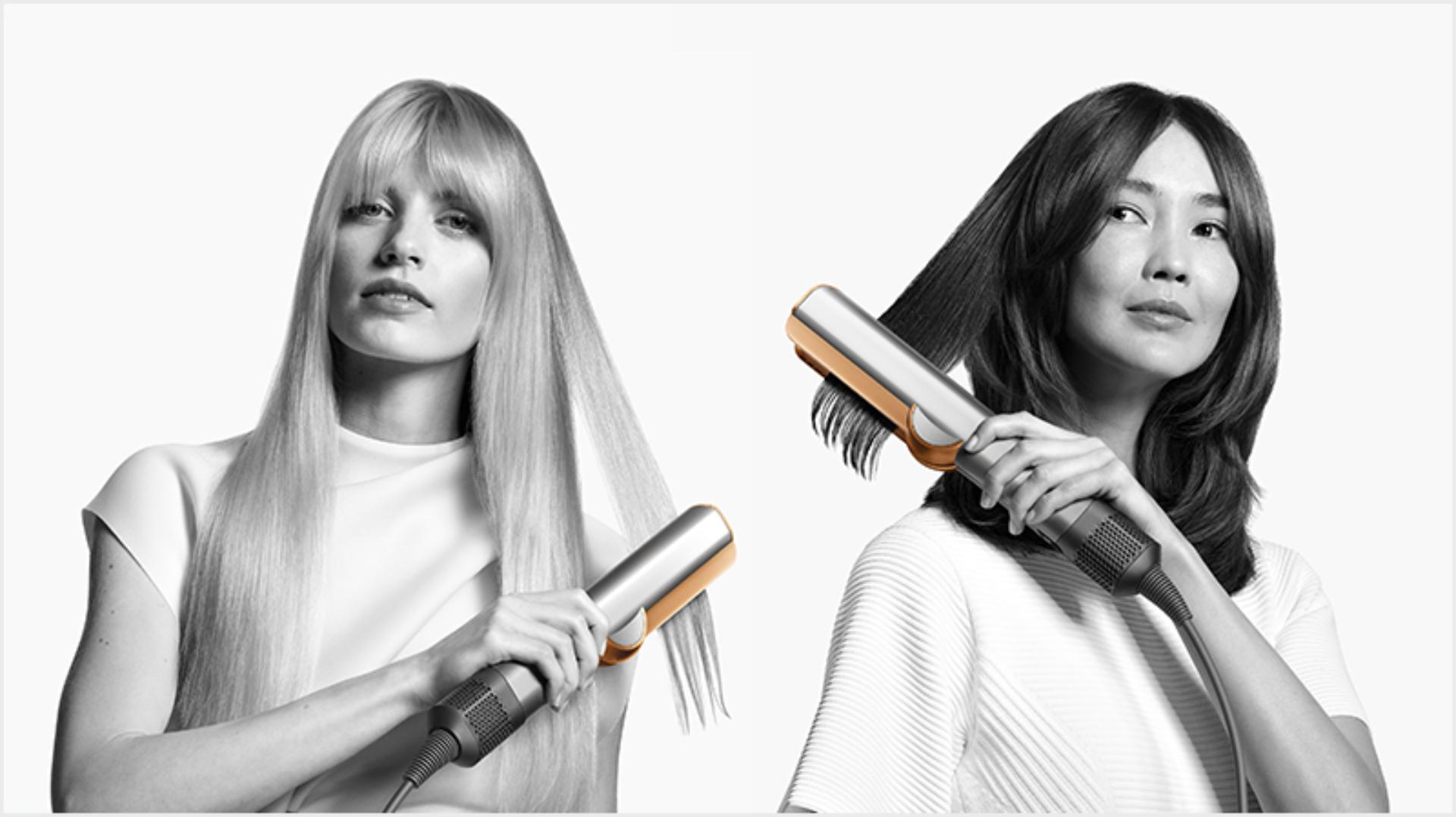 Two models using the Dyson Airstrait straightener.