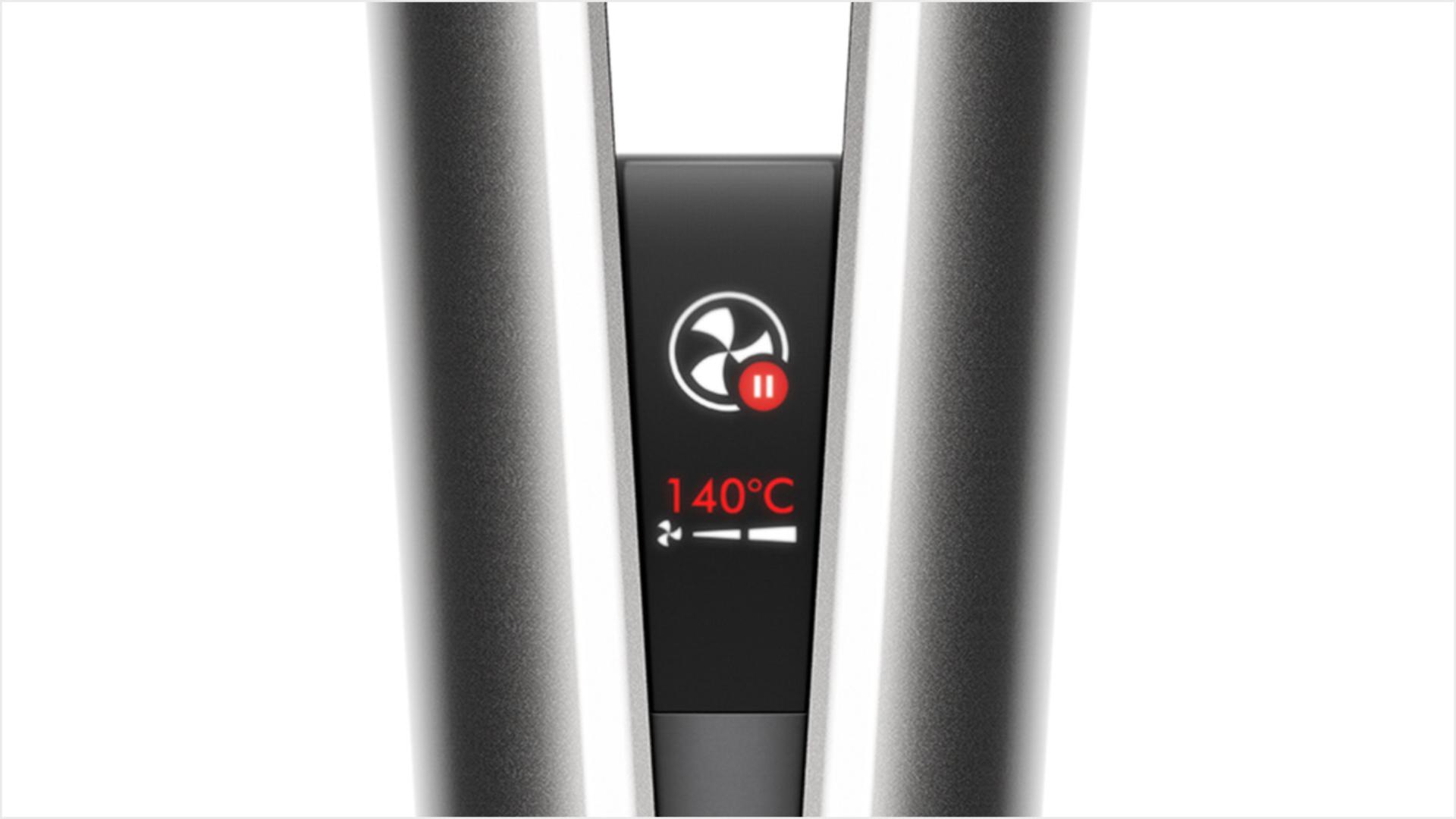 תקריב מסך ה-LCD של Dyson Airstrait, מראה את האנימציה של ההשהיה האוטומטית.