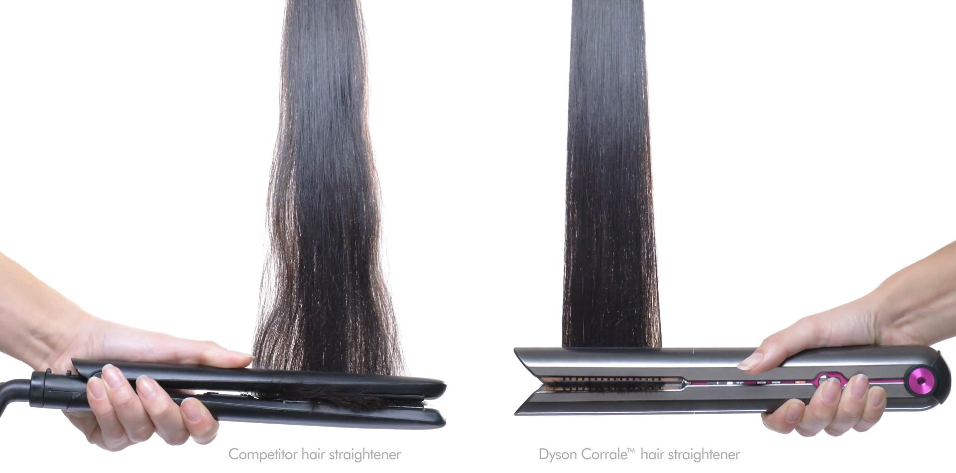 A conventional straightener and the Dyson Corrale each straighten a tress of hair