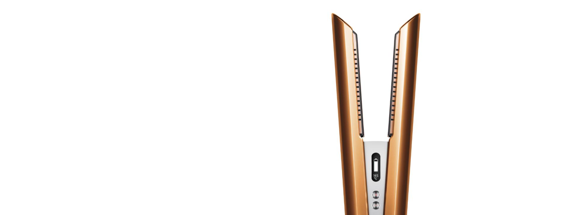 The Dyson Corrale Straightener in Bright copper and Bright nickel