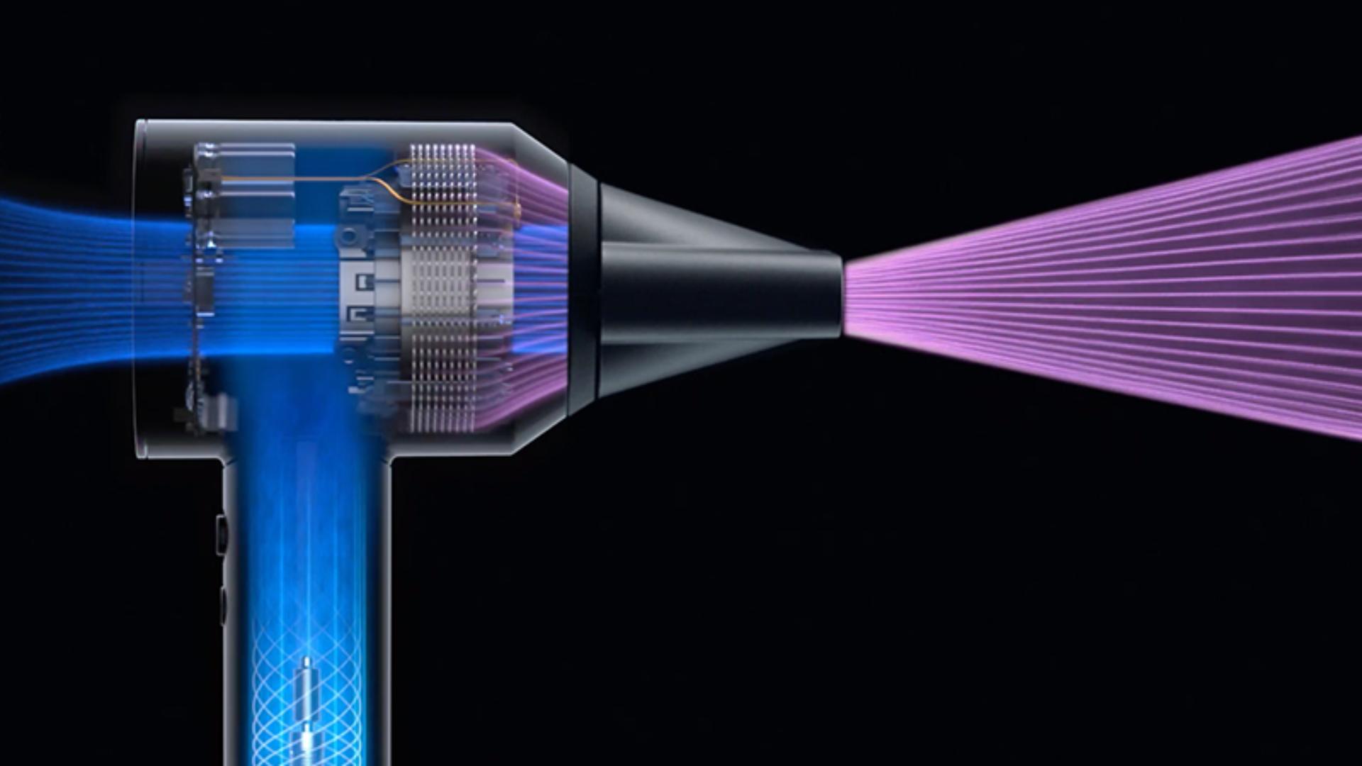 X-ray of inner workings of the Dyson Supersonic hair dryer with airflow illustrated