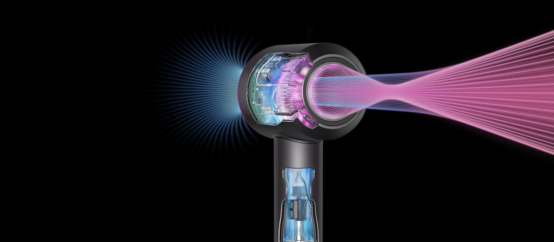 Przekrój ukazujący technologię wewnątrz suszarki Dyson Supersonic