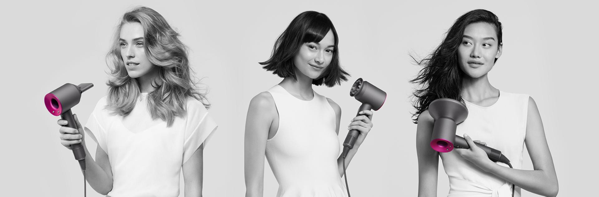 Three women using the Dyson Supersonic to style different types of hair